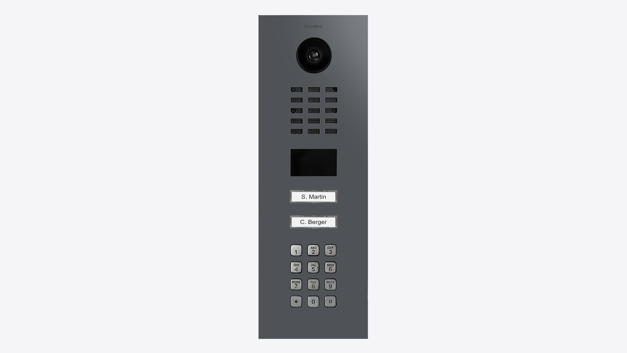 DoorBird slate grey video door station panel with camera, speaker grille, keypad