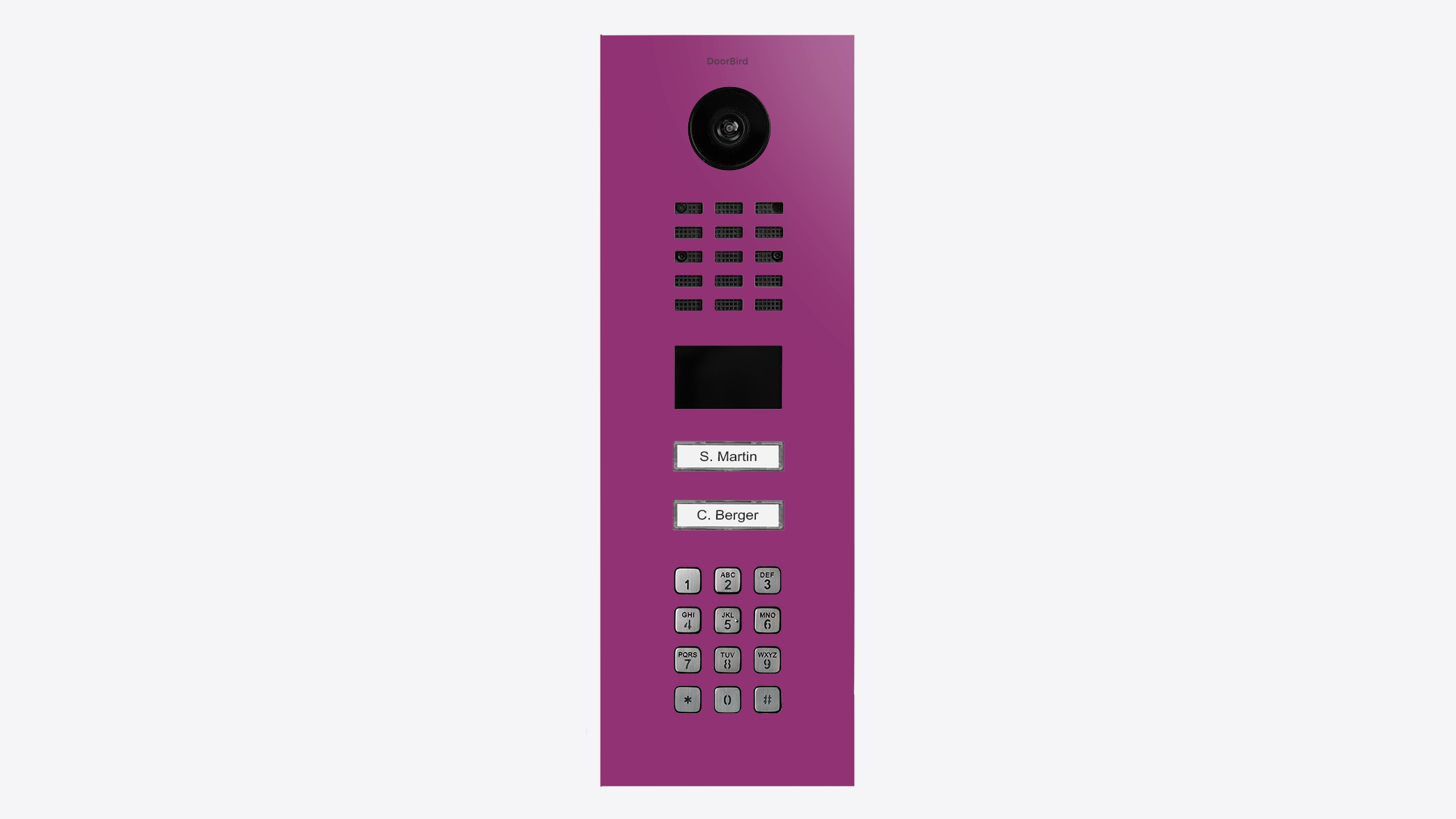 Traffic purple IP video door station with 2 call buttons, camera and keypad