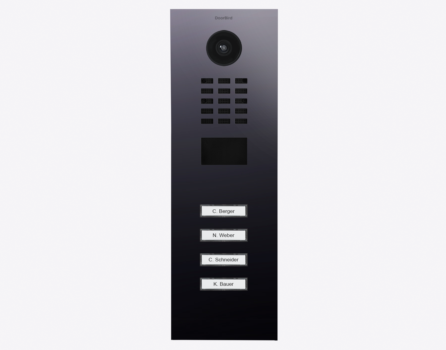 DoorBird titanium video door station with camera lens, call buttons, and name labels
