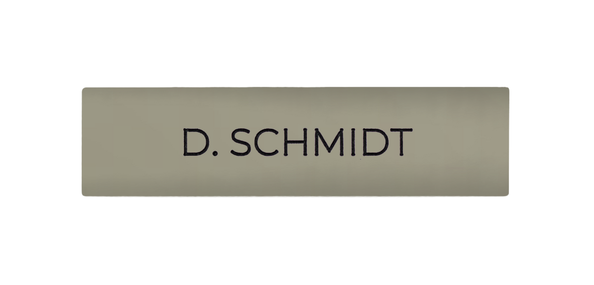 Silk grey engraved door nameplate with centered text "D. SCHMIDT"