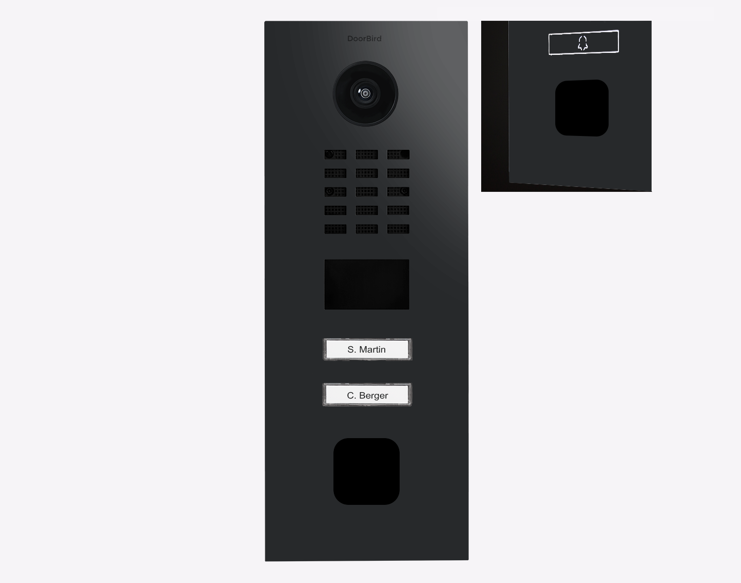 DoorBird graphite-black IP video door station with camera lens, keypad, and call buttons