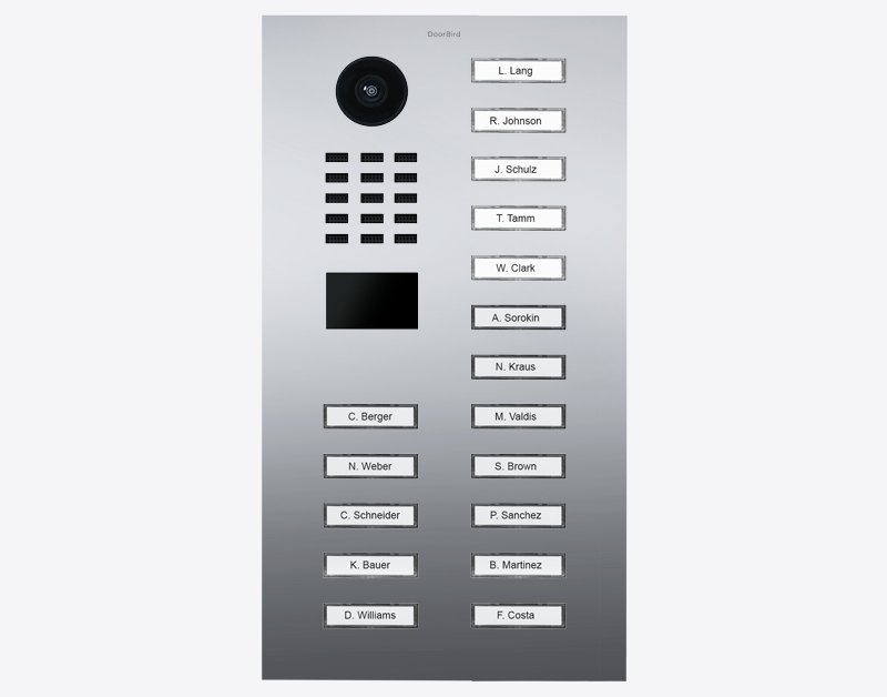 DoorBird IP video door station with camera and 17 call buttons in chrome