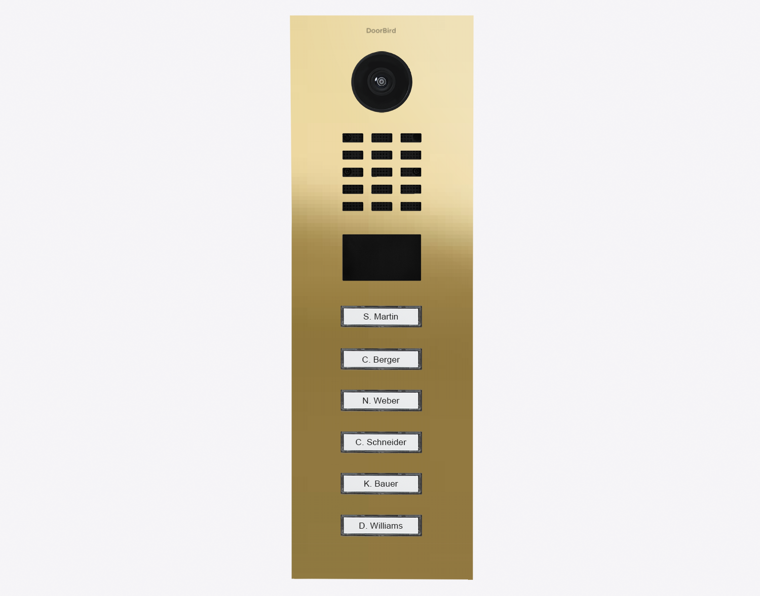 DoorBird IP video door station with 6 brass call buttons and camera lens