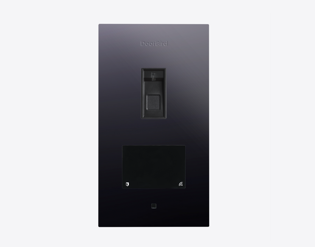 Flush-mount fingerprint access control panel in brushed stainless steel, dark windows