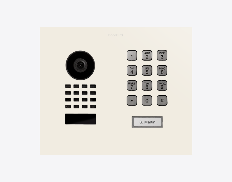 DoorBird flush-mount IP video door station front: camera lens, keypad, call labels