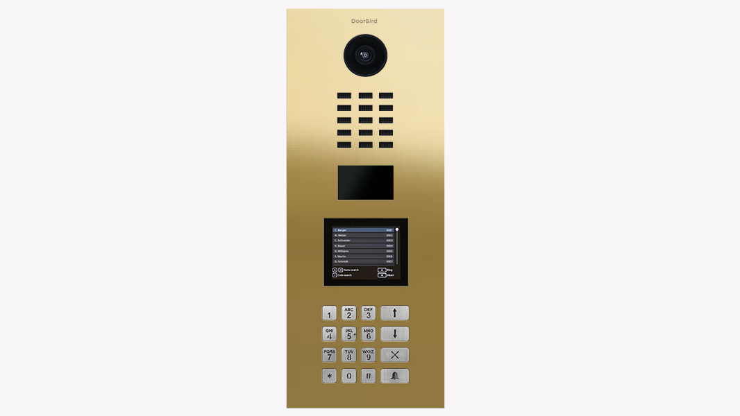 Brass IP video door station with camera, speaker grille, and keypad for entry