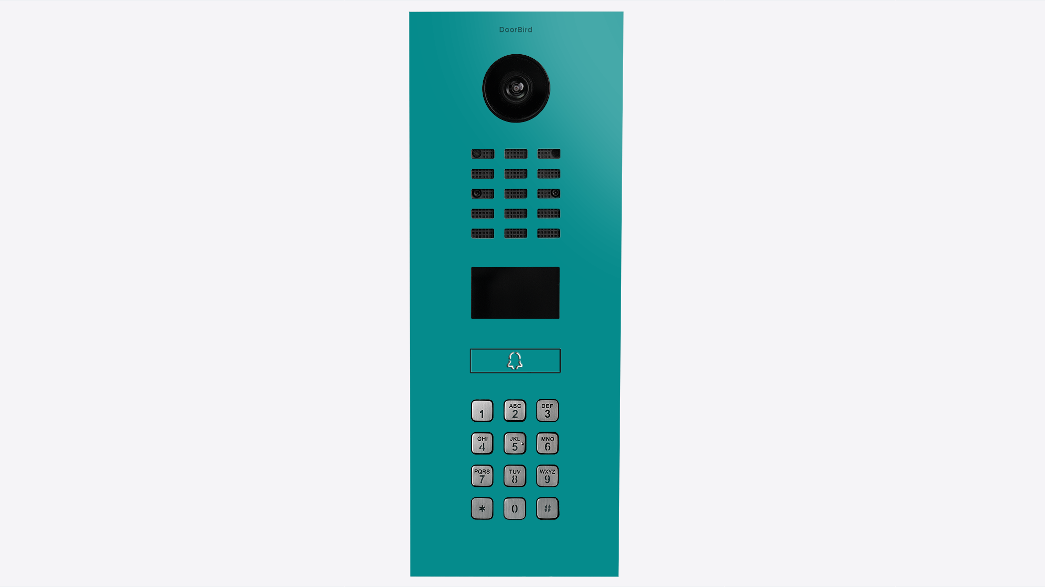 Turquoise blue IP video intercom with camera lens, speaker grille, and keypad