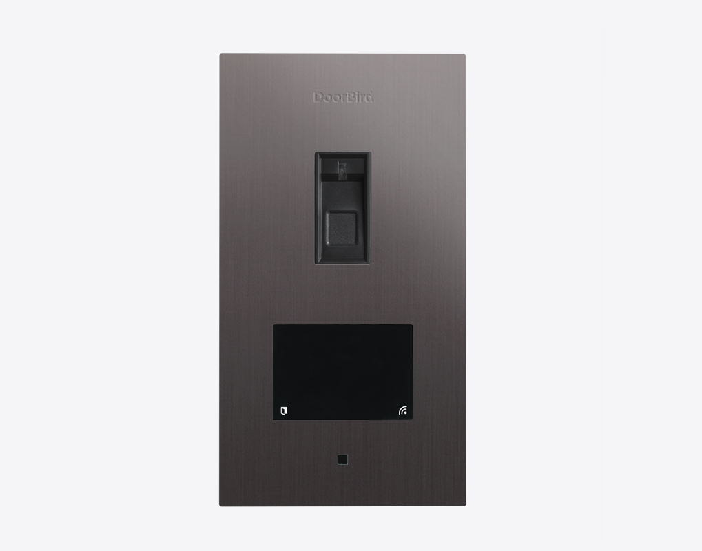DoorBird flush-mount access control device, brushed titanium with black fingerprint panel