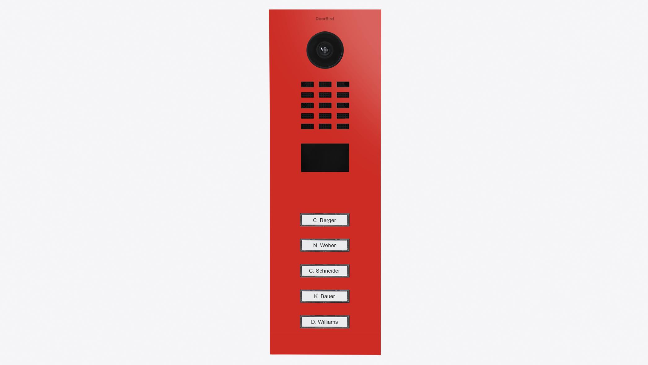 DoorBird IP video door station, pure red panel with camera and 5 call buttons