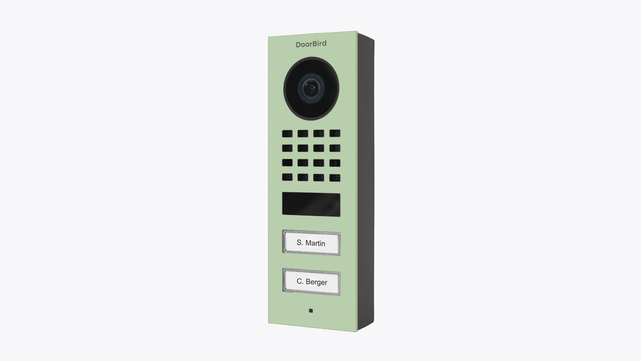 DoorBird IP video door station in pastel green, camera lens and labeled call buttons