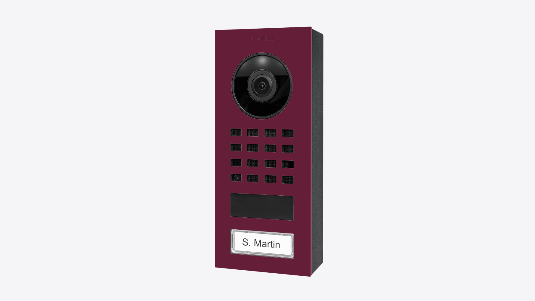 Claret violet DoorBird surface-mount IP video intercom with camera and keypad.