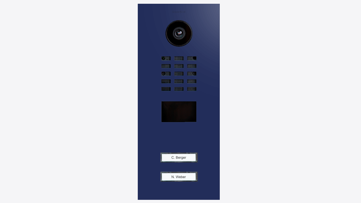 DoorBird video door station front panel in dark blue with camera and keypad call buttons