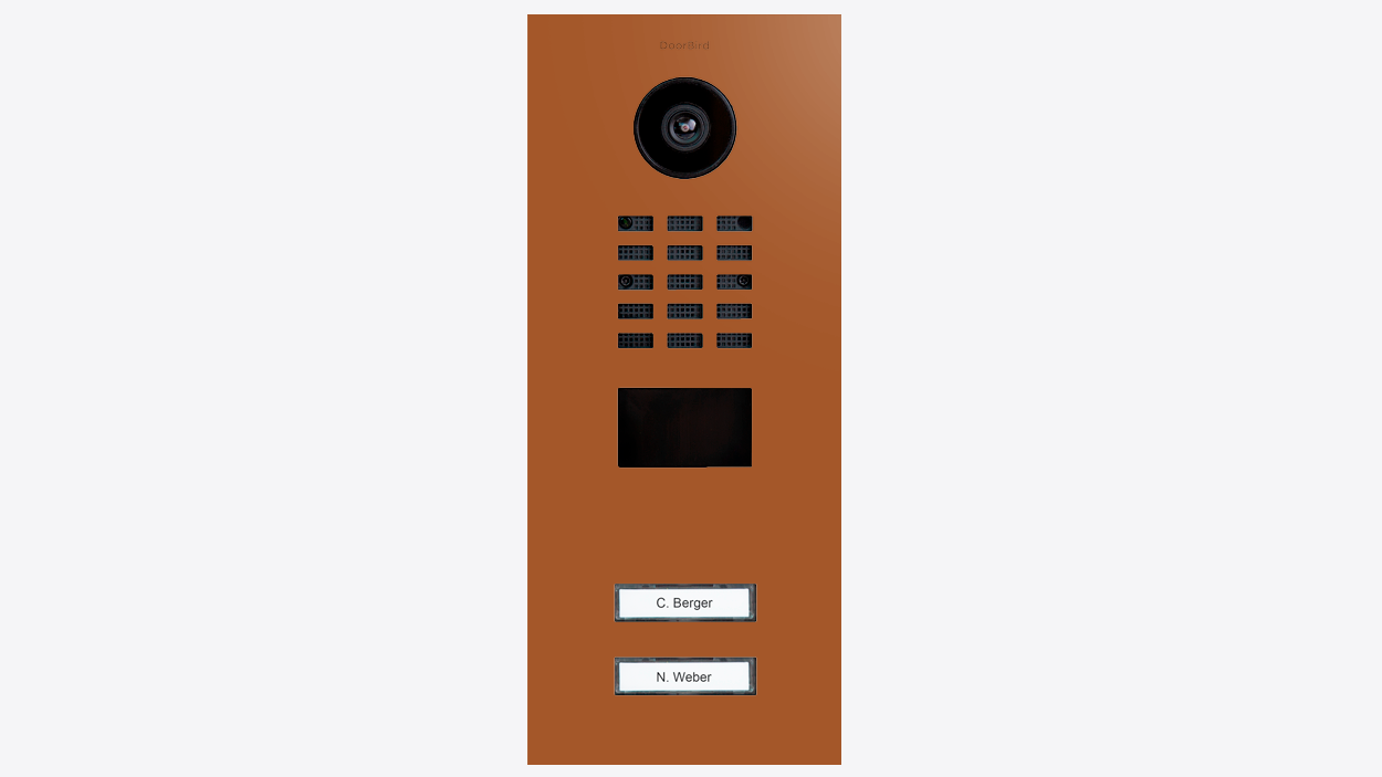 Orange-brown video door station front with camera, keypad grille, display and two call buttons