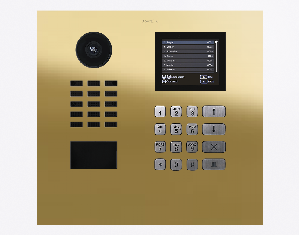 Brass DoorBird IP video door station with camera, keypad, display, and label buttons