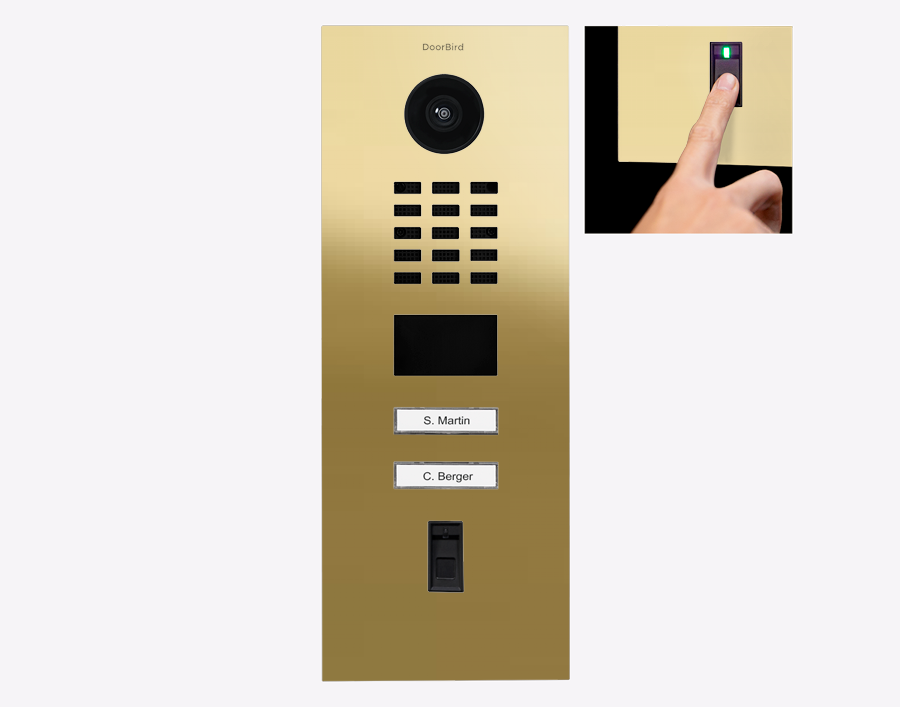 Brass video door station with camera lens, call grid, and fingerprint keypad panel