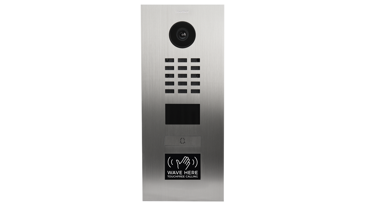 Stainless steel door station panel with camera lens, keypad, call button, and Wave Here