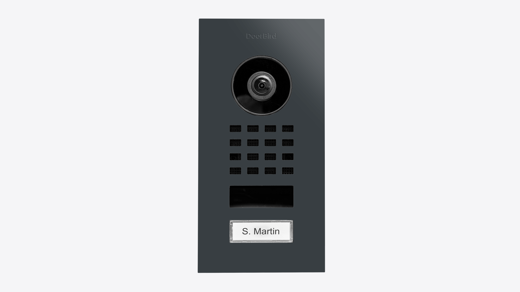 DoorBird flush-mount video intercom with camera, keypad matrix, and nameplate