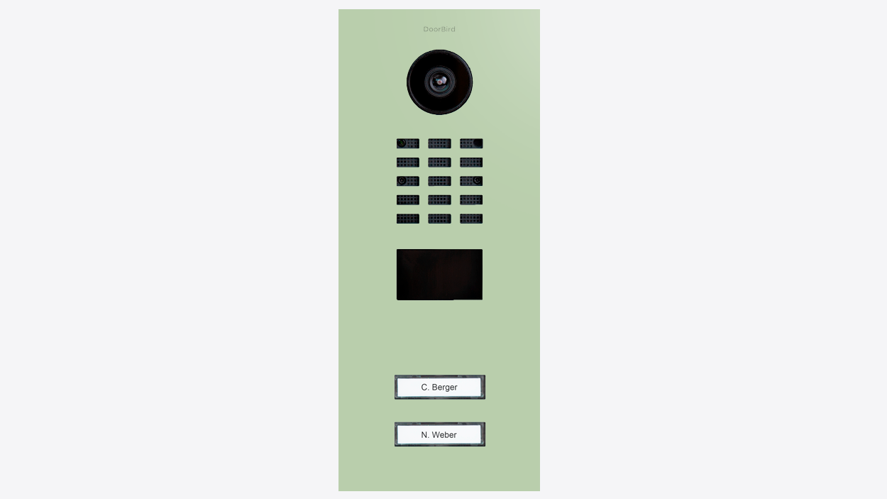Pastel green DoorBird video door station with camera, speaker grille, and call buttons