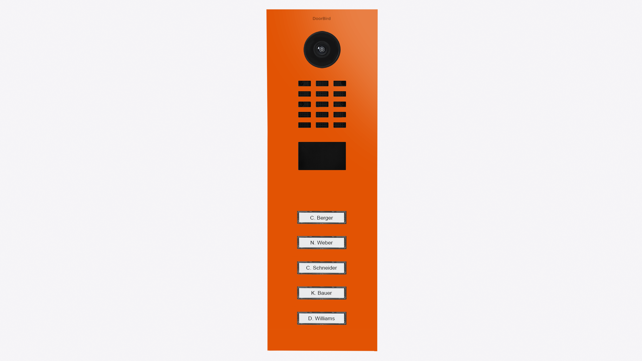 Orange IP video door station with camera, speaker grille, five nameplate call buttons