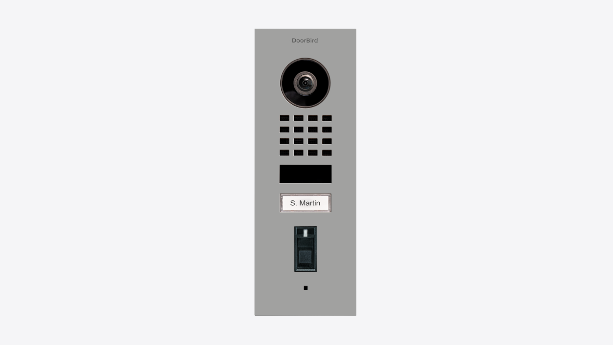 White flush-mount IP video door station front panel with camera, speaker grille, keypad