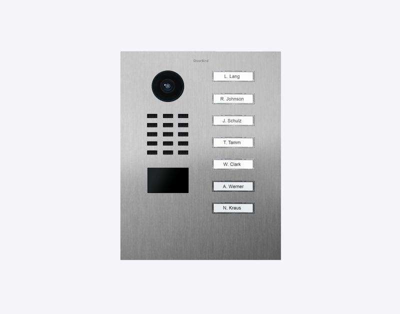 Stainless steel video door station with camera lens and seven call buttons