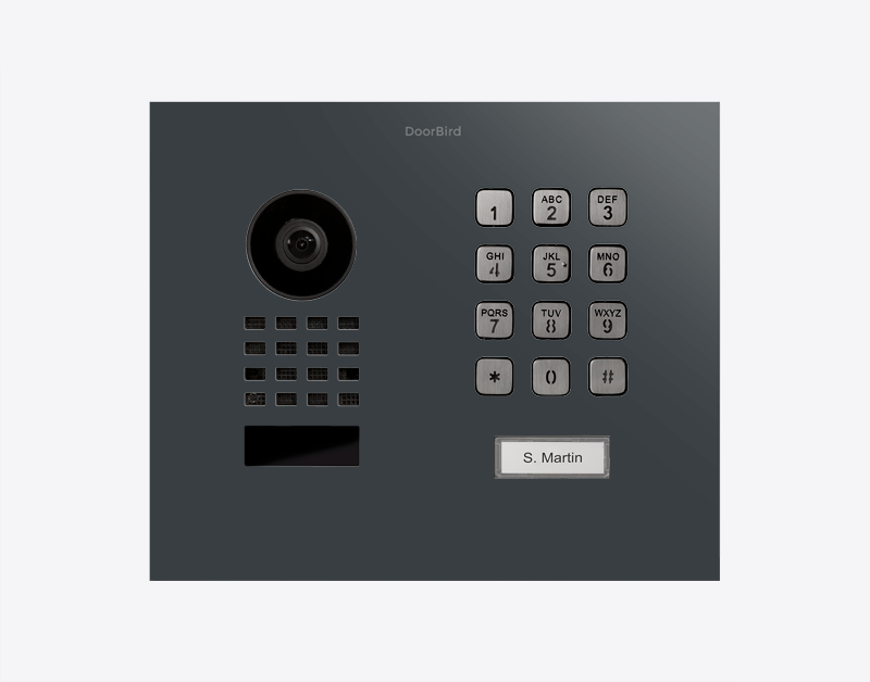 DoorBird flush-mount video door station in dark anthracite with keypad and camera