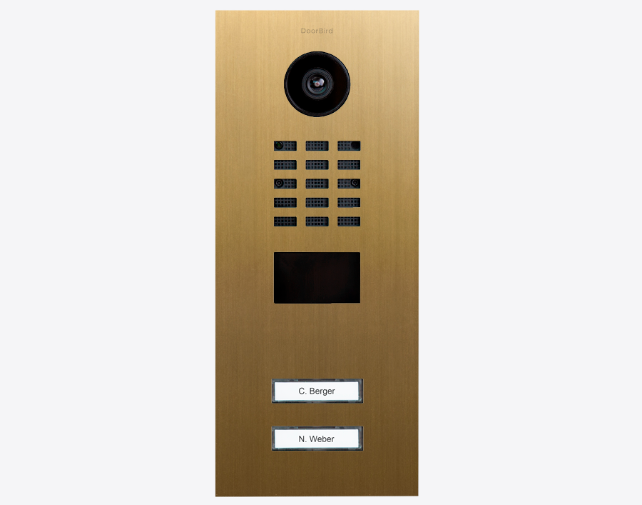 Gold IP video door station with camera, keypad grid, and two call buttons