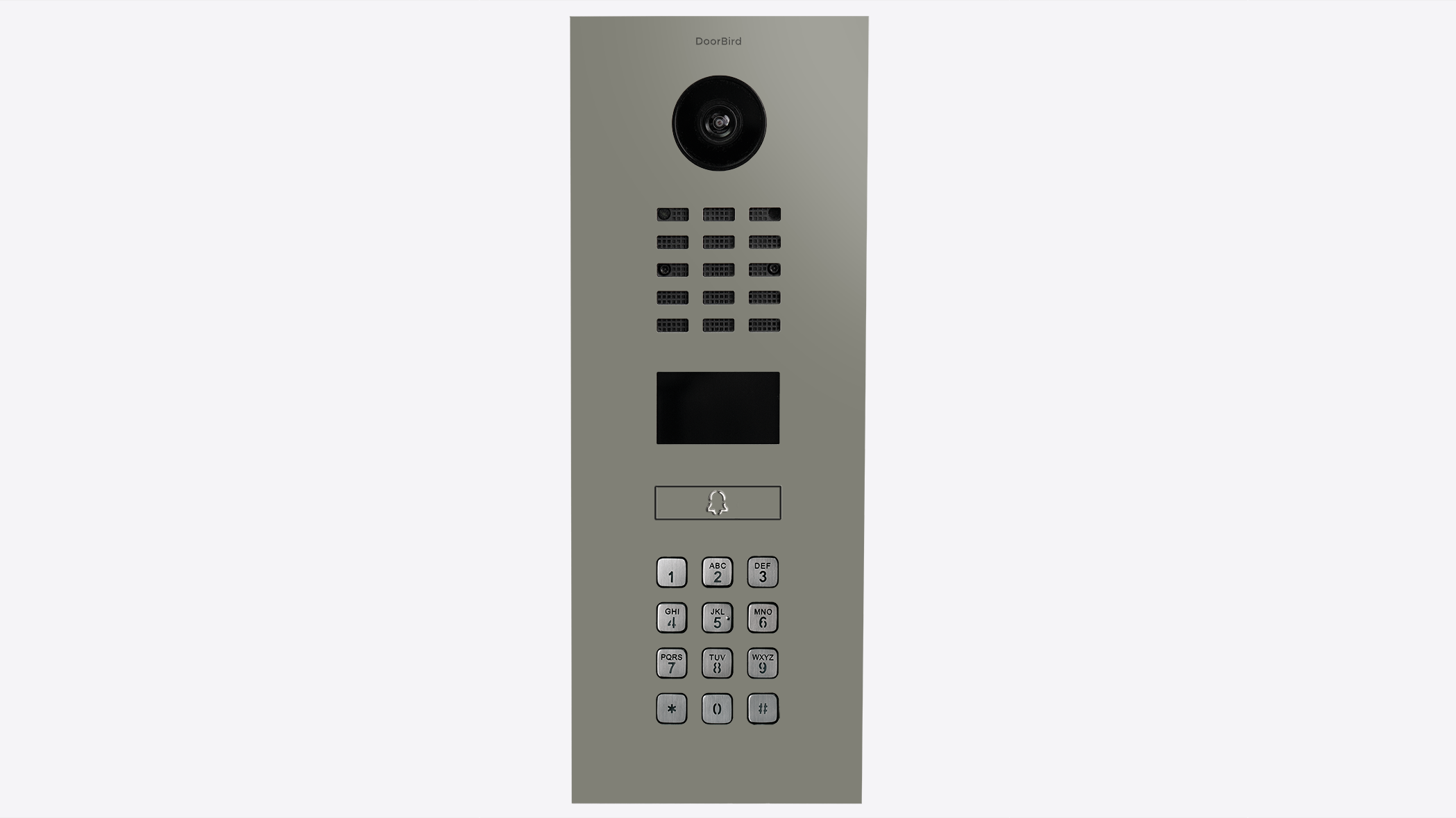 Concrete grey intercom faceplate with camera lens, speaker grille, and numeric keypad