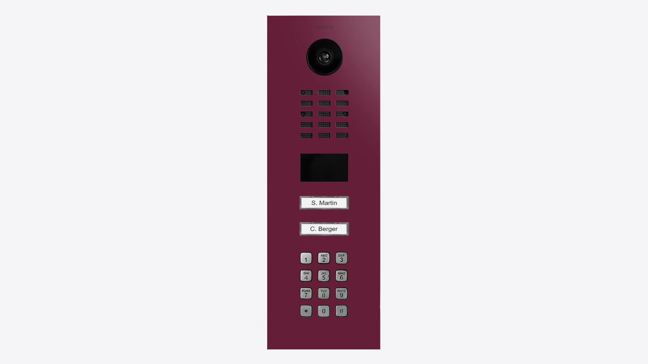 Claret violet IP video door station with camera and two call buttons, keypad