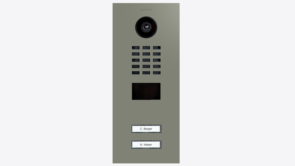 DoorBird video door station front panel, camera, grid buttons and name labels
