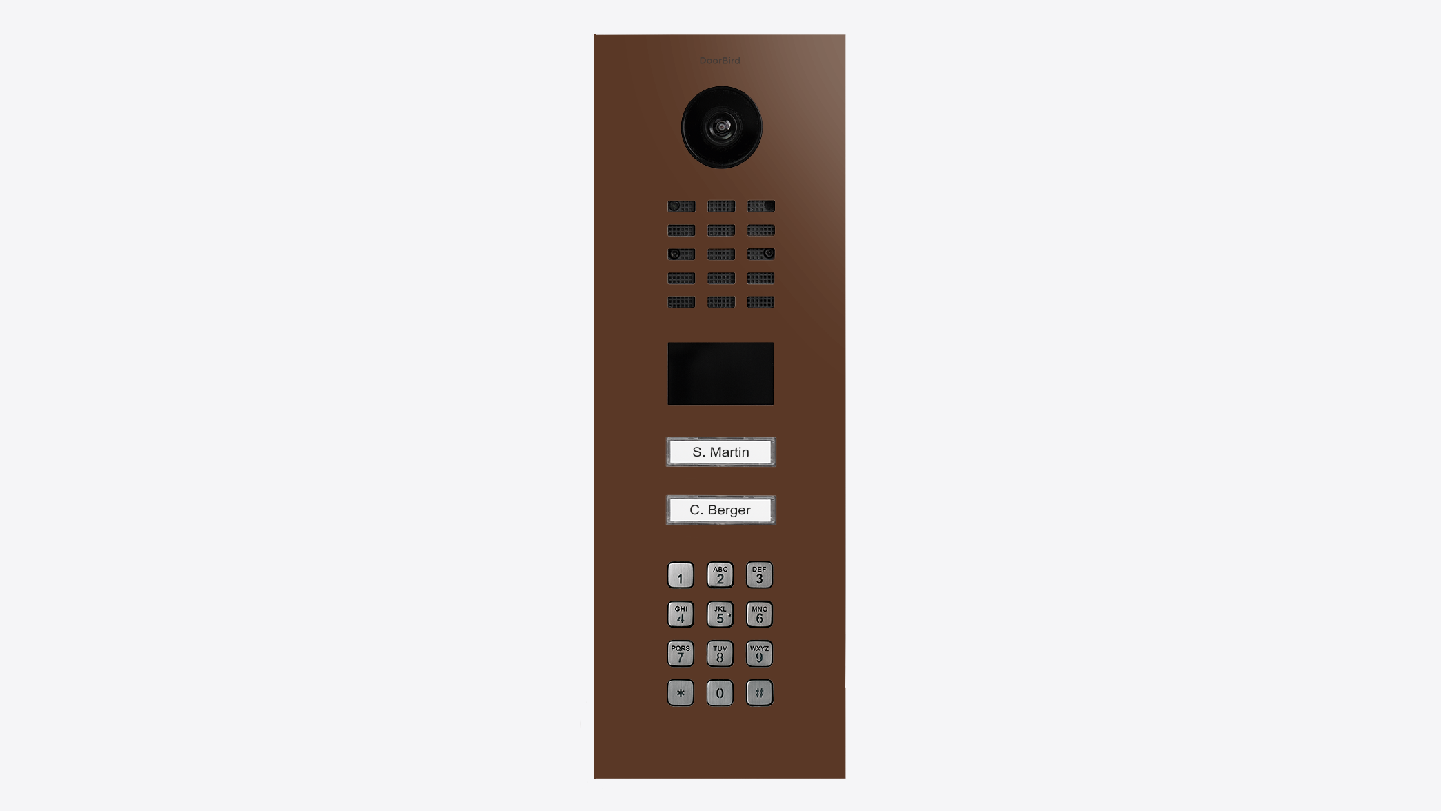 Nut brown video door station panel with camera, speaker grille, and keypad
