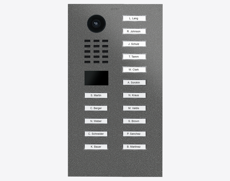 Stainless steel video door station with camera lens and 16 call buttons