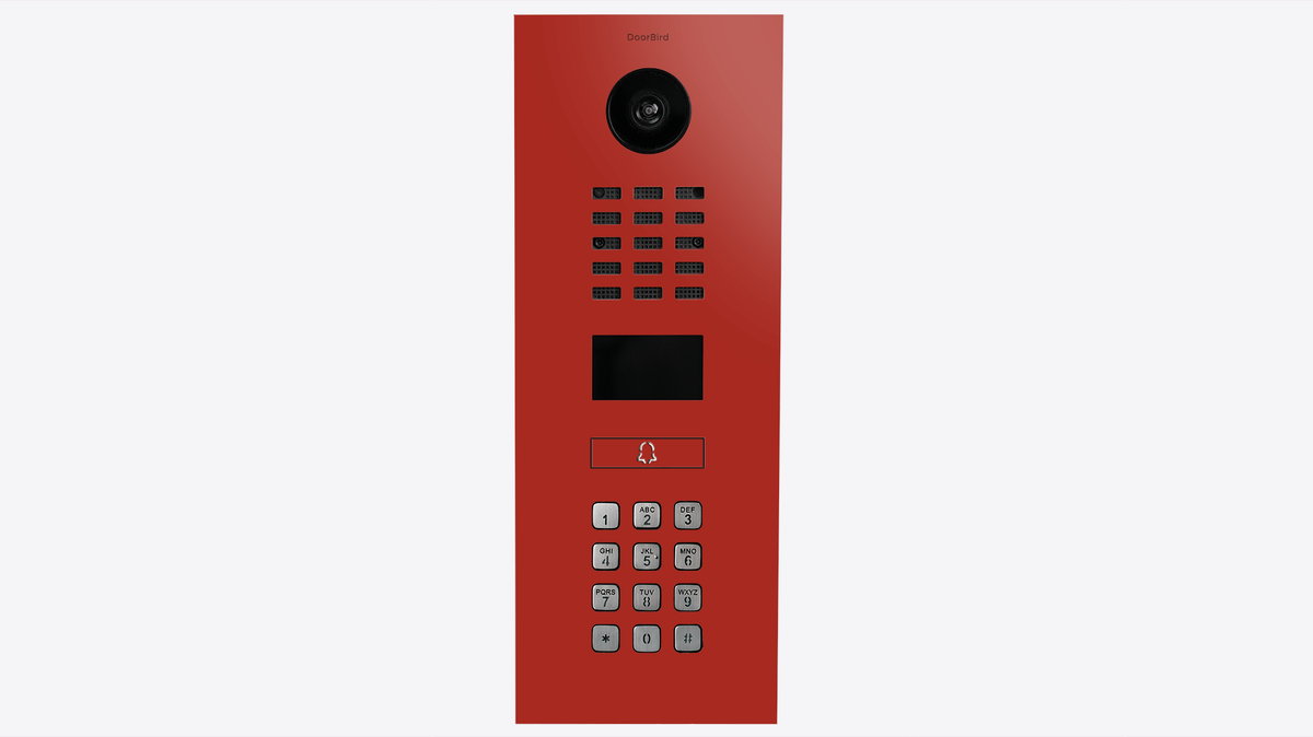 DoorBird IP video intercom panel in flame red with camera, keypad, and speaker