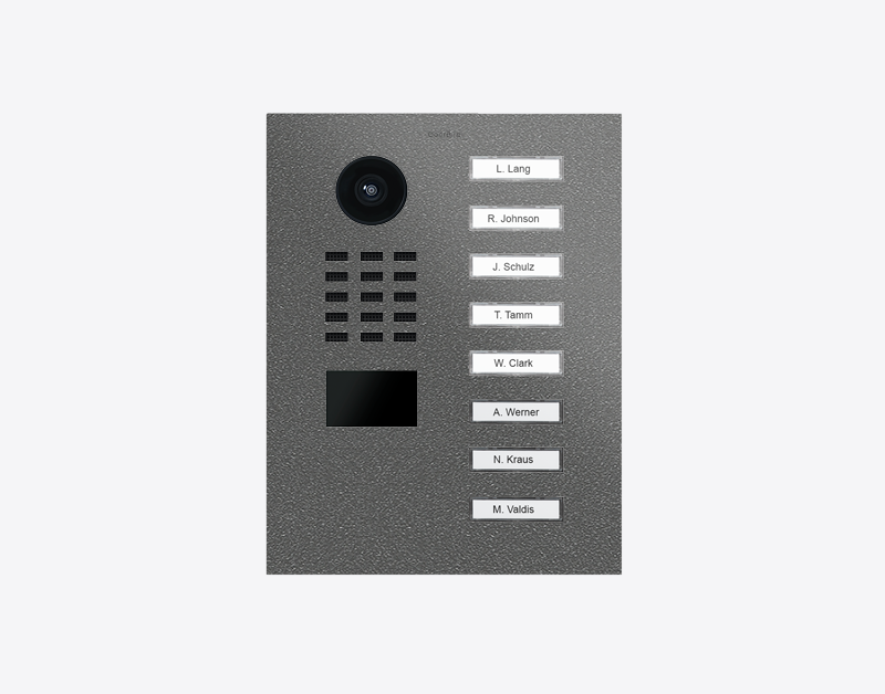 Stainless steel video door station with camera and eight call buttons, name label panel
