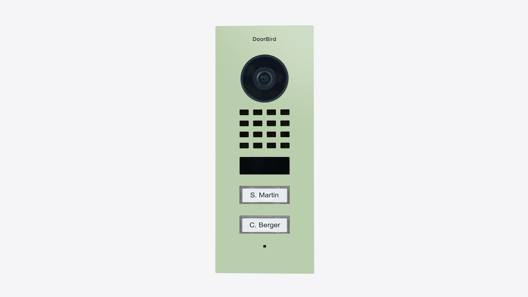 DoorBird flush-mount IP video door station, pastel green faceplate with camera and keypad