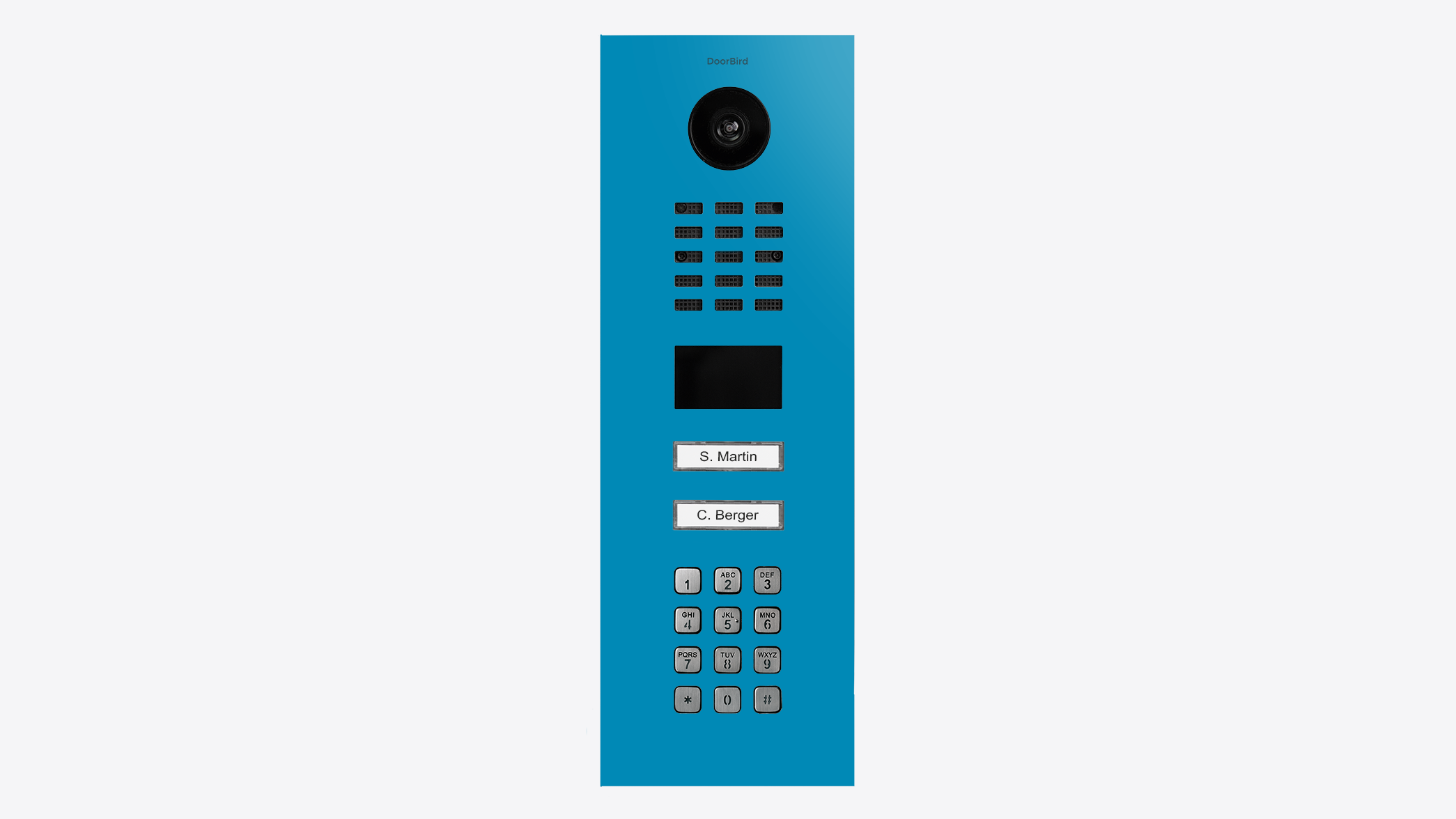DoorBird video door station in light blue with camera lens, keypad, and screen