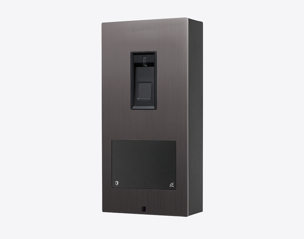 DoorBird fingerprint access control device, brushed titanium-finish surface mount panel