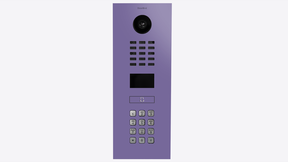Lilac video door intercom panel with camera lens, speaker grille, and call button keypad
