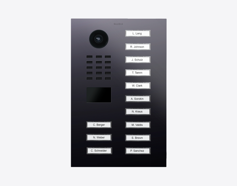 Video door station front panel with camera lens and 13 labeled call buttons