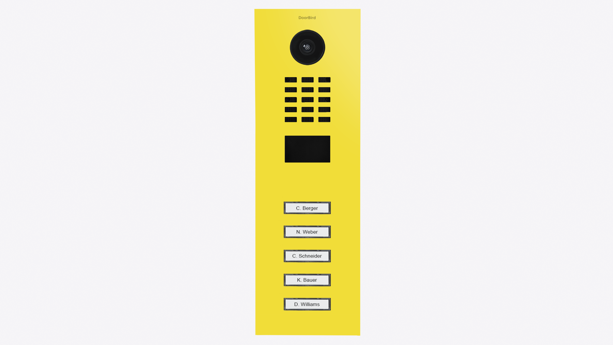 Sulfur yellow IP video door station with camera lens and five call buttons, DoorBird