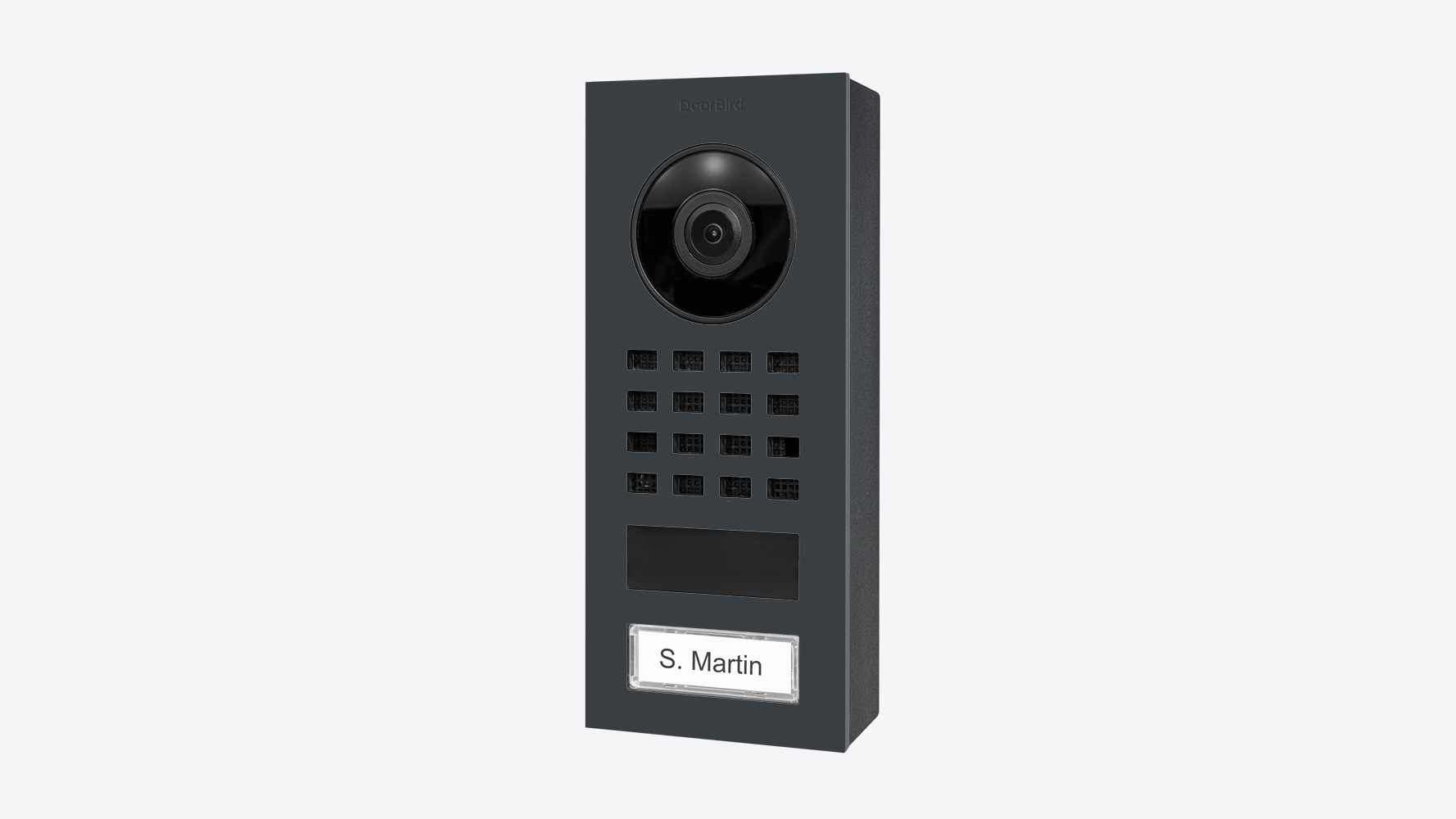 DoorBird anthracite surface-mount video intercom, front view with camera, keypad, and name label