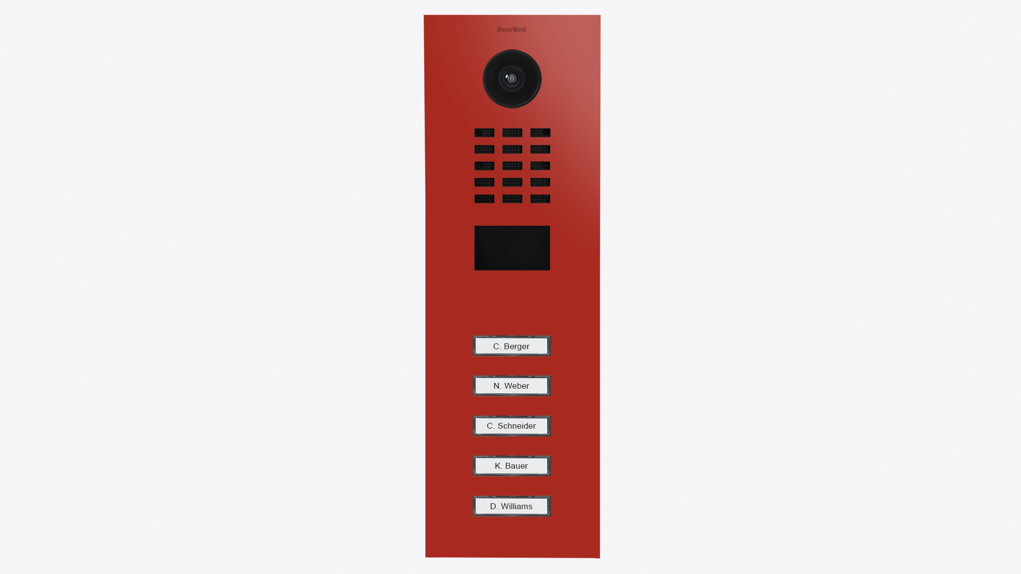 Flame red IP video door station with camera lens, speaker grille, and five call buttons