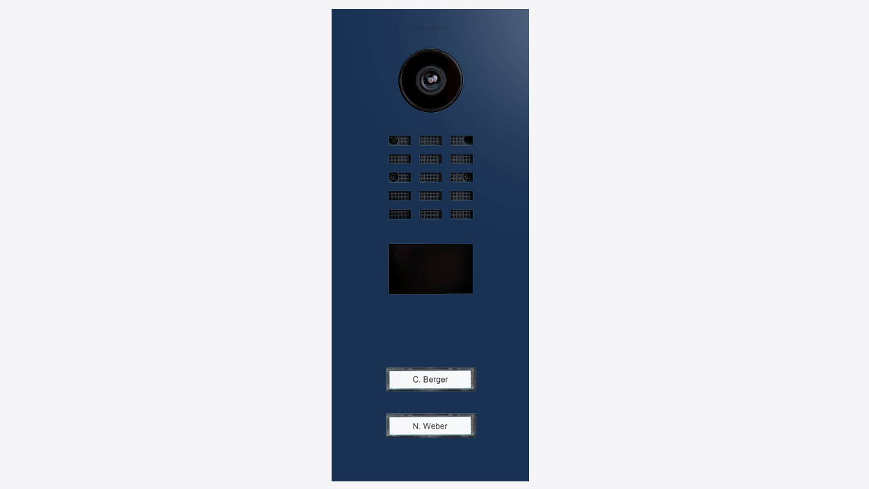 DoorBird cobalt blue panel video door station with camera and name label area