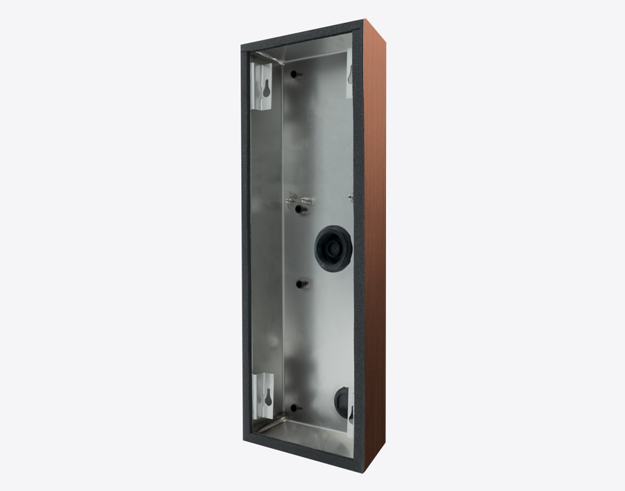 Bronze surface-mount door backbox housing with interior mounting plate and knockouts