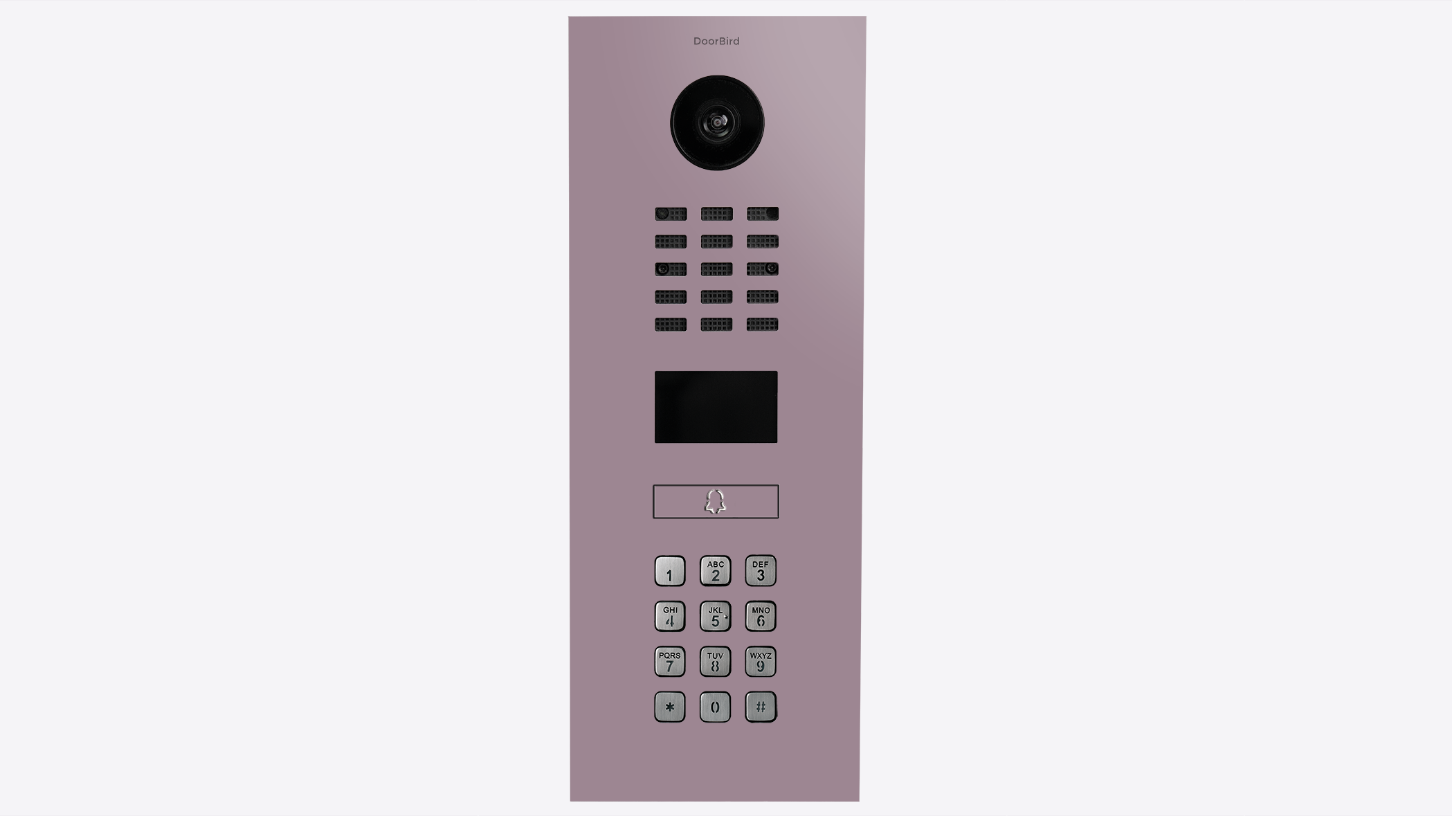 Pastel violet video intercom call panel with camera lens, speaker grille, and keypad