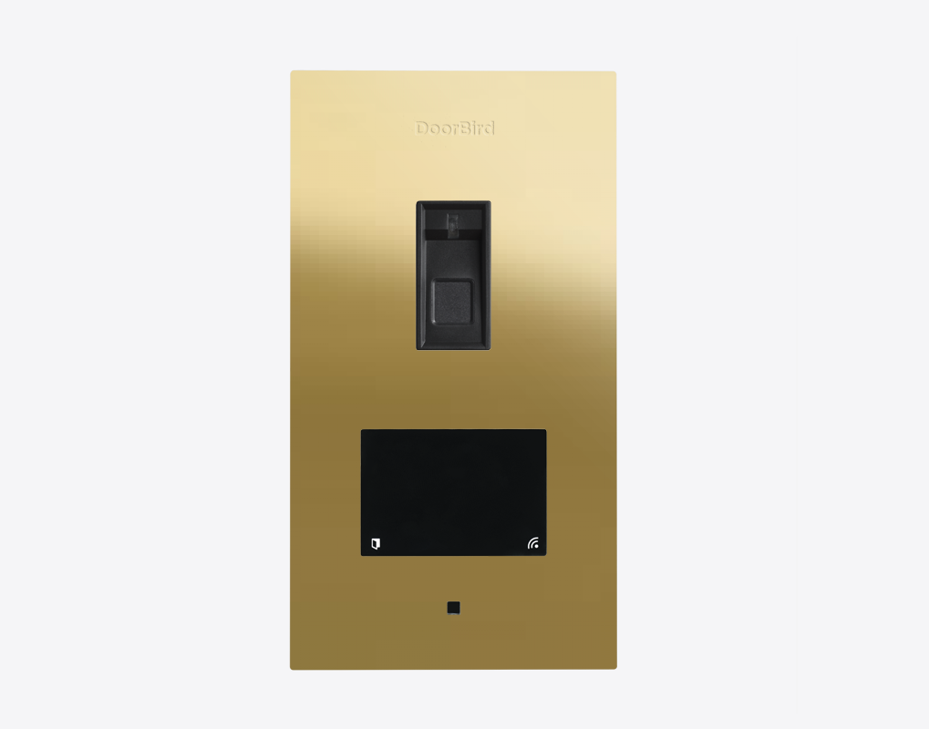 Flush-mount fingerprint access control device in brass-finish with dark faceplate