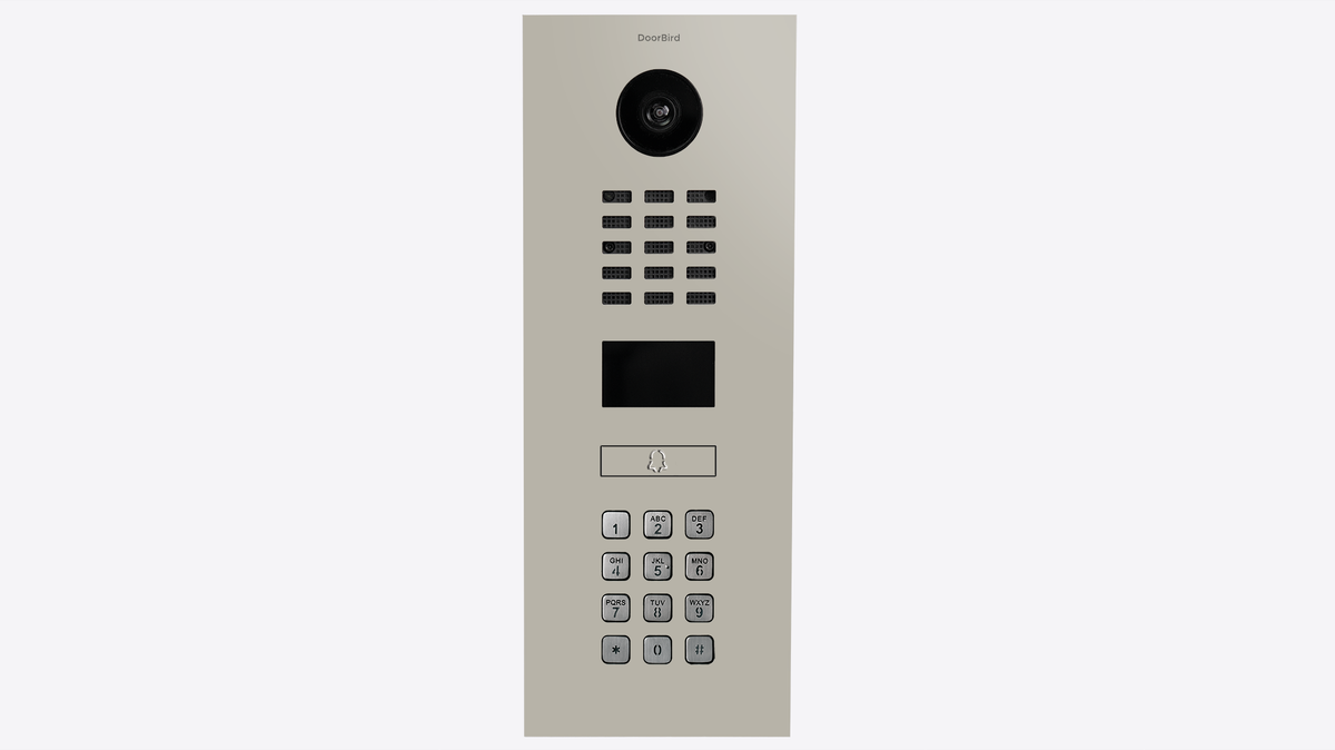 DoorBird door intercom call panel with round camera, speaker grille, and keypad