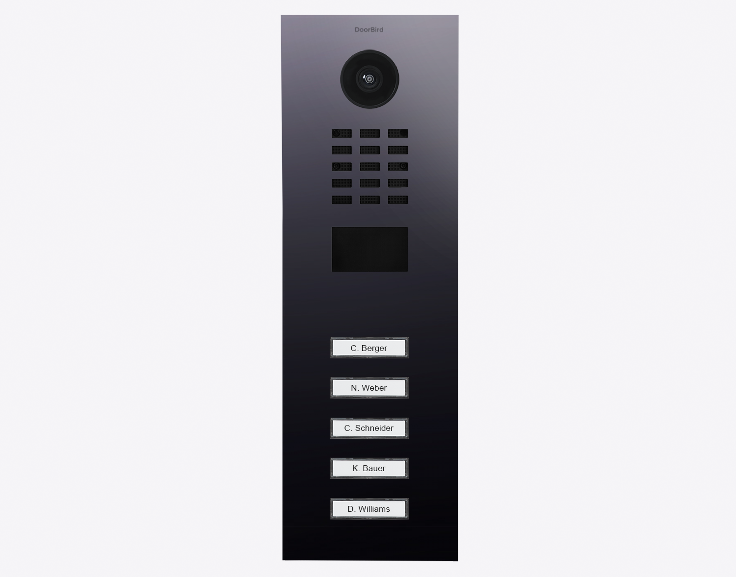 DoorBird D2105V titanium video door station with camera and five labeled call buttons