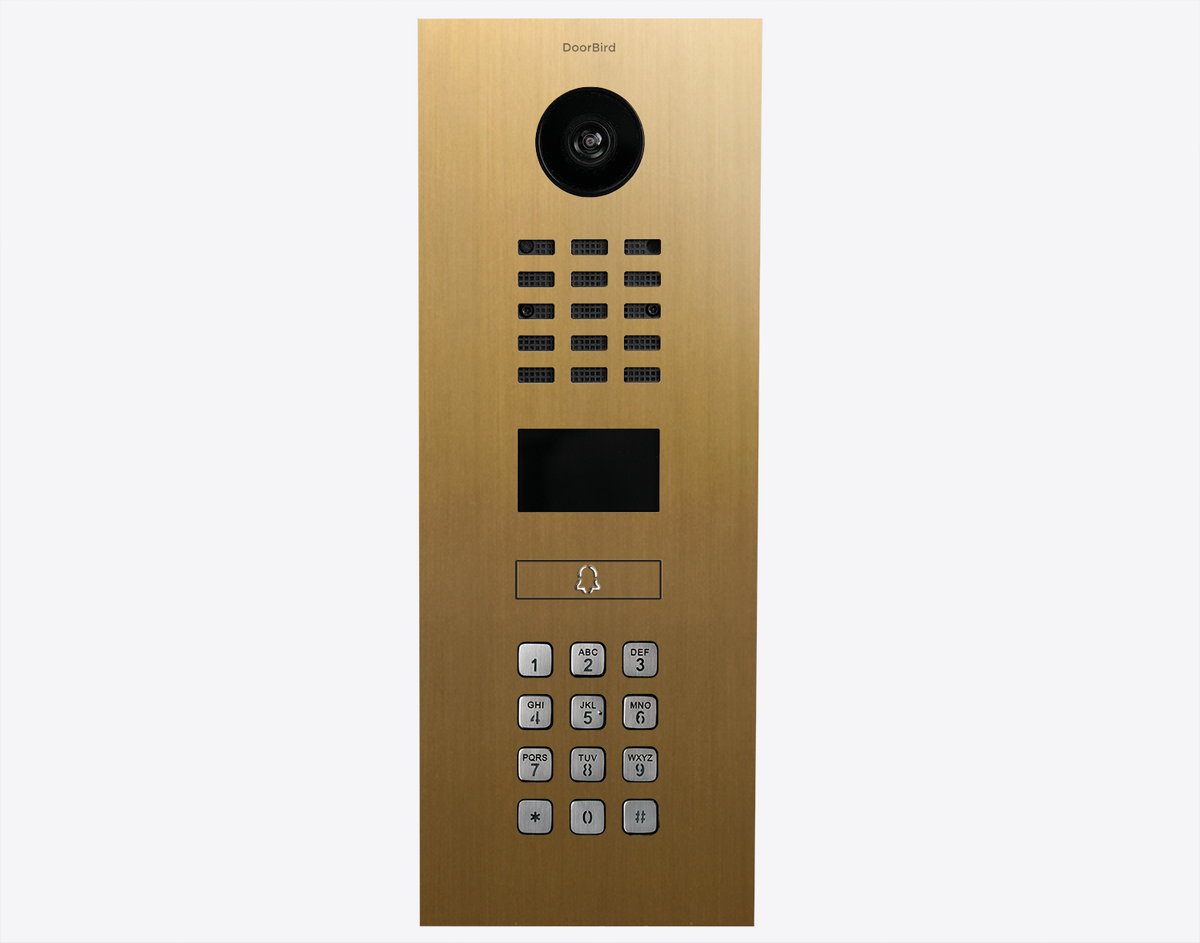 Gold IP video door intercom with camera lens, speaker grille, and numeric keypad