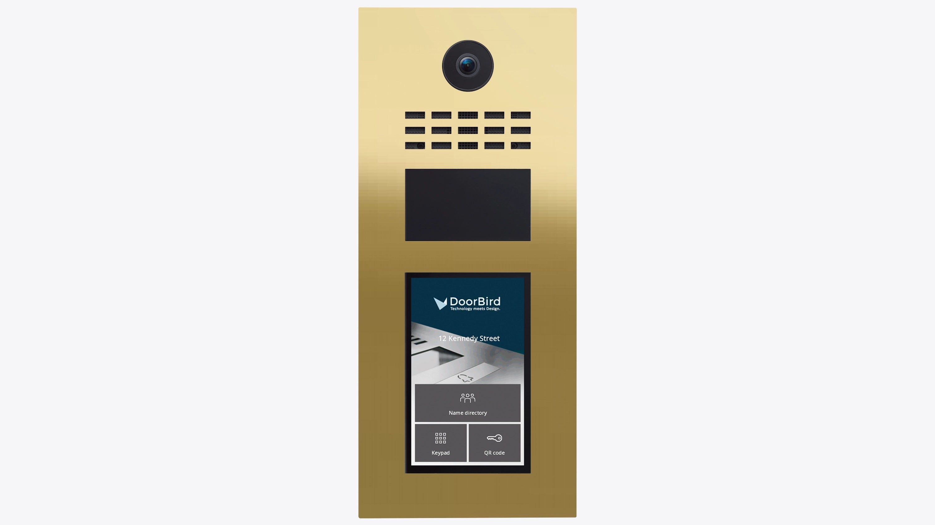 DoorBird brass video intercom with camera lens and keypad